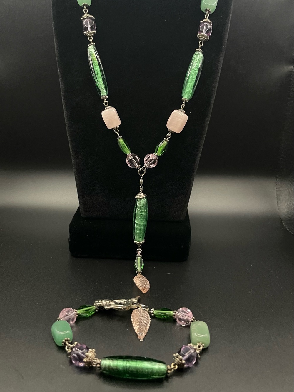 Artisan Foil Glass & Gemstone Flower Toggle Necklace 21" Bracelet 9" Set